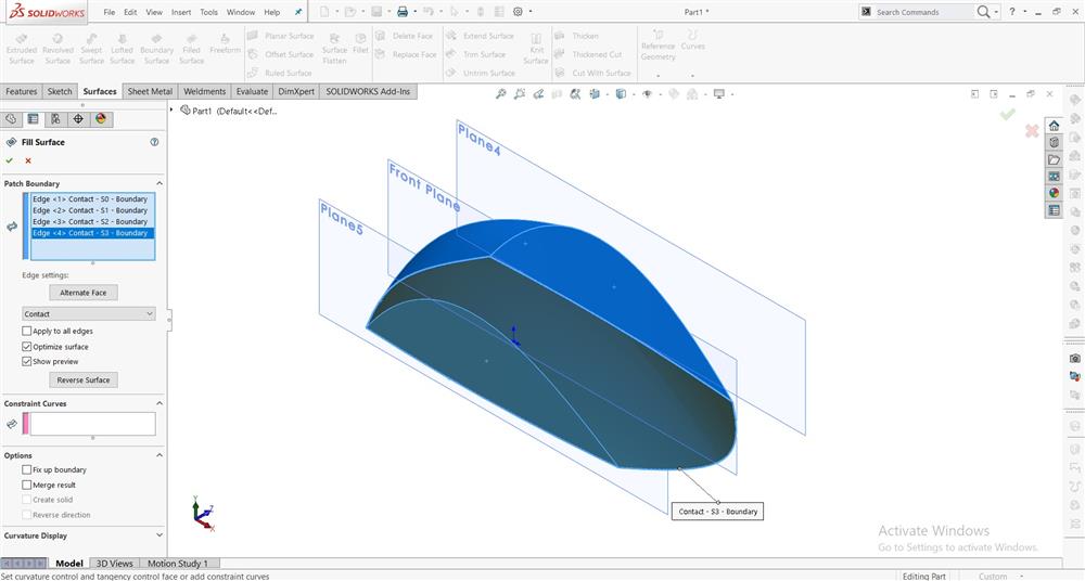 ایجاد کردن سطح زیرین ماوس با استفاده از دستور filled surface در نرم افزار solidworks